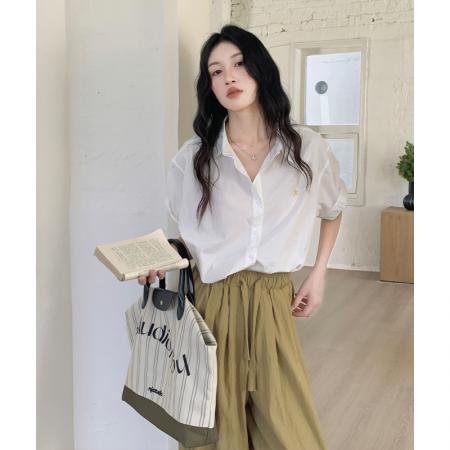 韩版宽松显瘦polo领衬衫女夏季法式独特小上衣短袖衬衫  服裝批發女裝批發服飾貨源