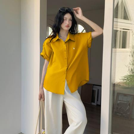 韩版宽松显瘦polo领衬衫女夏季法式独特小上衣短袖衬衫  服裝批發女裝批發服飾貨源