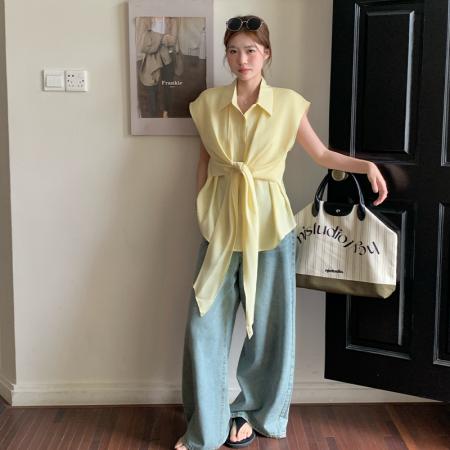 韩系简约ins风气质轻薄透气天丝绑带背心衬衫上衣宽松OL  服裝批發女裝批發服飾貨源