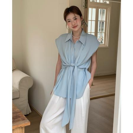 韩系简约ins风气质轻薄透气天丝绑带背心衬衫上衣宽松OL  服裝批發女裝批發服飾貨源