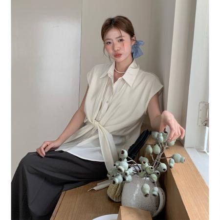 韩系简约ins风气质轻薄透气天丝绑带背心衬衫上衣宽松OL  服裝批發女裝批發服飾貨源