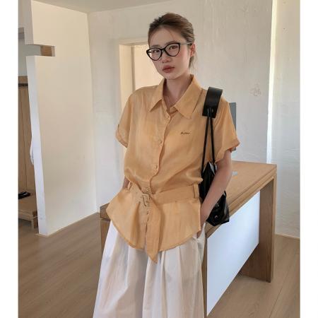 天丝苎麻韩版刺绣显瘦腰带系带短袖衬衫设计感小众上衣  服裝批發女裝批發服飾貨源