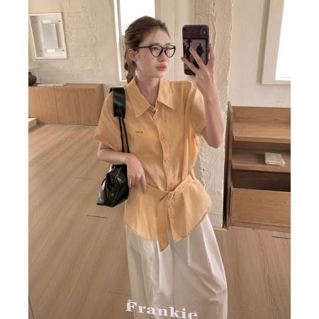 天丝苎麻韩版刺绣显瘦腰带系带短袖衬衫设计感小众上衣  服裝批發女裝批發服飾貨源