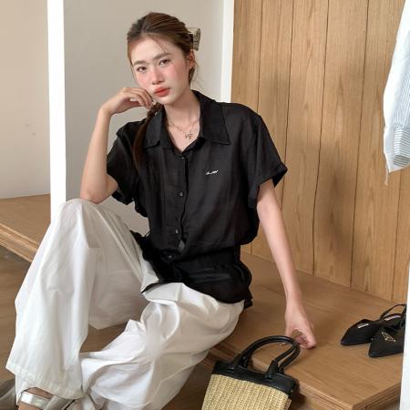 天丝苎麻韩版刺绣显瘦腰带系带短袖衬衫设计感小众上衣  服裝批發女裝批發服飾貨源