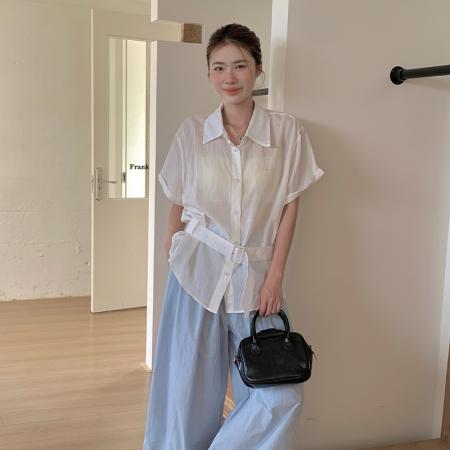 天丝苎麻韩版刺绣显瘦腰带系带短袖衬衫设计感小众上衣  服裝批發女裝批發服飾貨源