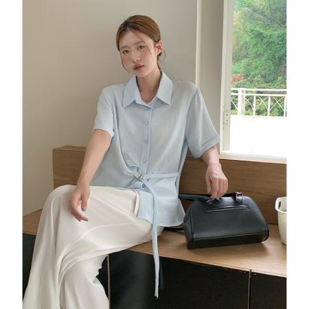 夏韩版时尚气质显瘦短袖衬衫女设计感绑带上衣通勤小衫  服裝批發女裝批發服飾貨源