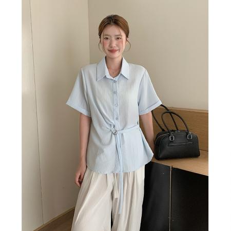 夏韩版时尚气质显瘦短袖衬衫女设计感绑带上衣通勤小衫  服裝批發女裝批發服飾貨源
