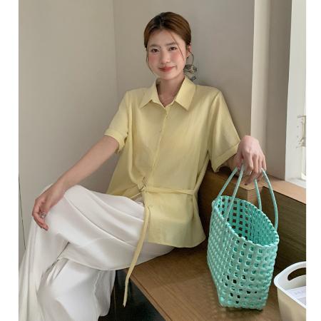 夏韩版时尚气质显瘦短袖衬衫女设计感绑带上衣通勤小衫  服裝批發女裝批發服飾貨源