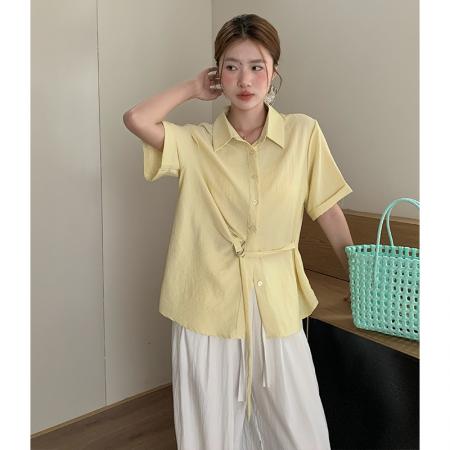 夏韩版时尚气质显瘦短袖衬衫女设计感绑带上衣通勤小衫  服裝批發女裝批發服飾貨源