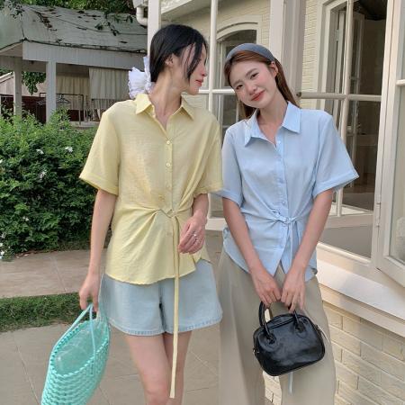 夏韩版时尚气质显瘦短袖衬衫女设计感绑带上衣通勤小衫  服裝批發女裝批發服飾貨源