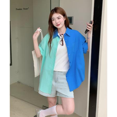 中长款防晒衬衫外套穿搭衬衣多巴胺亮色撞色度假上衣女  服裝批發女裝批發服飾貨源