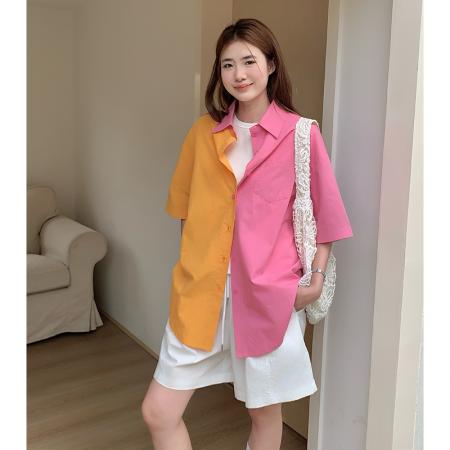 中长款防晒衬衫外套穿搭衬衣多巴胺亮色撞色度假上衣女  服裝批發女裝批發服飾貨源