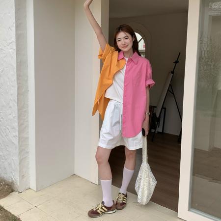 中长款防晒衬衫外套穿搭衬衣多巴胺亮色撞色度假上衣女  服裝批發女裝批發服飾貨源