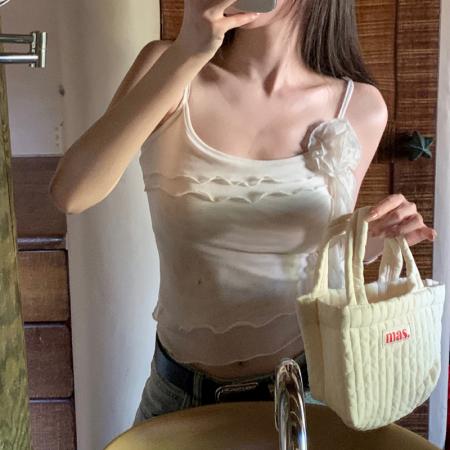 BY11175# 夏季韩版蕾丝网纱立体花朵吊带背心女飘带设计感褶皱辣妹上衣 服裝批發女裝批發服飾貨源