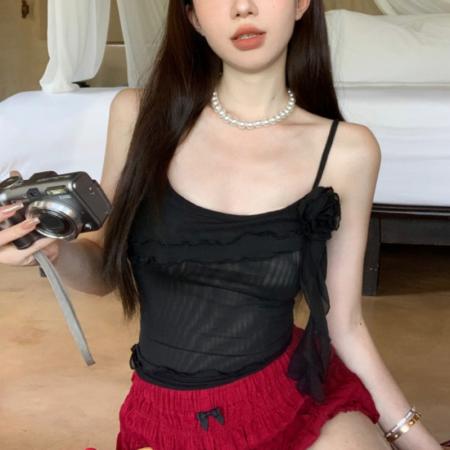 BY11175# 夏季韩版蕾丝网纱立体花朵吊带背心女飘带设计感褶皱辣妹上衣 服裝批發女裝批發服飾貨源