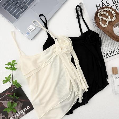 BY11175# 夏季韩版蕾丝网纱立体花朵吊带背心女飘带设计感褶皱辣妹上衣 服裝批發女裝批發服飾貨源