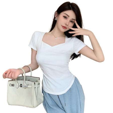 BY11177# 夏季韩版纯欲正肩纯色褶皱修身桃心领短袖T恤女锁骨甜辣上衣 服裝批發女裝批發服飾貨源