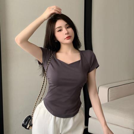 BY11177# 夏季韩版纯欲正肩纯色褶皱修身桃心领短袖T恤女锁骨甜辣上衣 服裝批發女裝批發服飾貨源