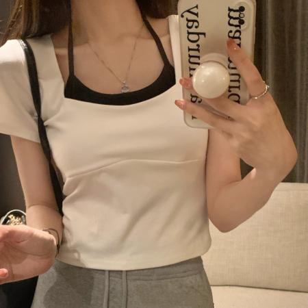 BY11178# 夏季韩版纯棉设计感百搭假两件打底衫辣妹新款撞色挂脖短袖T恤女 服裝批發女裝批發服飾貨源