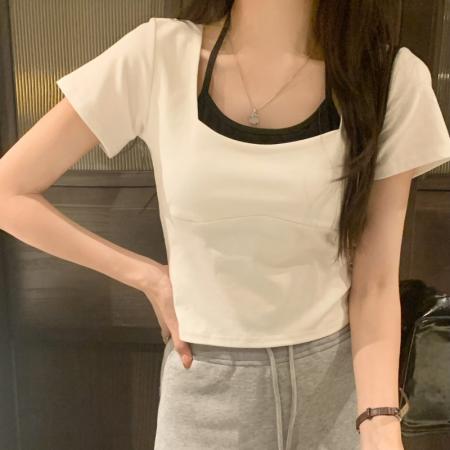 BY11178# 夏季韩版纯棉设计感百搭假两件打底衫辣妹新款撞色挂脖短袖T恤女 服裝批發女裝批發服飾貨源