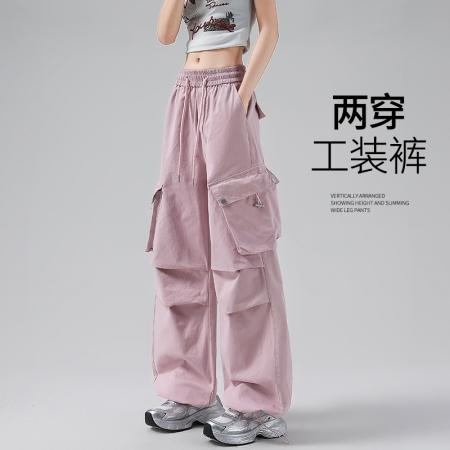 BY11182# 抽绳工装裤女春夏新款宽松休闲酷飒风小个子百搭阔腿直筒运动裤子 服裝批發女裝批發服飾貨源