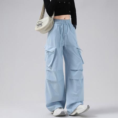 BY11182# 抽绳工装裤女春夏新款宽松休闲酷飒风小个子百搭阔腿直筒运动裤子 服裝批發女裝批發服飾貨源