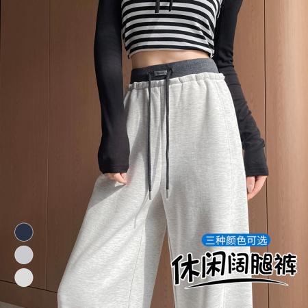 BY11185# 美式撞色松紧腰拼接卫裤女春夏高腰抽绳休闲阔腿梧桐直筒运动裤子 服裝批發女裝批發服飾貨源