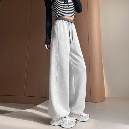 BY11185# 美式撞色松紧腰拼接卫裤女春夏高腰抽绳休闲阔腿梧桐直筒运动裤子 服裝批發女裝批發服飾貨源