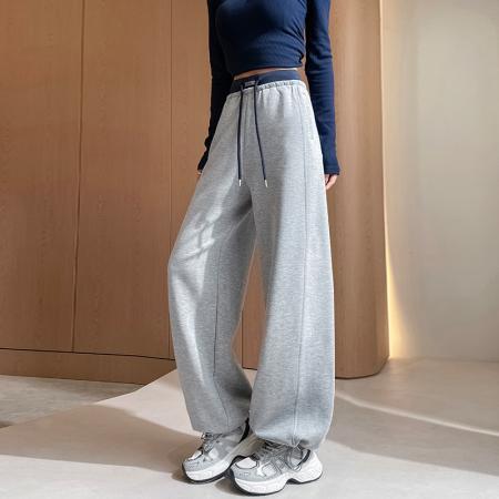 BY11185# 美式撞色松紧腰拼接卫裤女春夏高腰抽绳休闲阔腿梧桐直筒运动裤子 服裝批發女裝批發服飾貨源