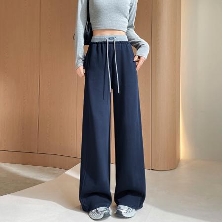 BY11185# 美式撞色松紧腰拼接卫裤女春夏高腰抽绳休闲阔腿梧桐直筒运动裤子 服裝批發女裝批發服飾貨源