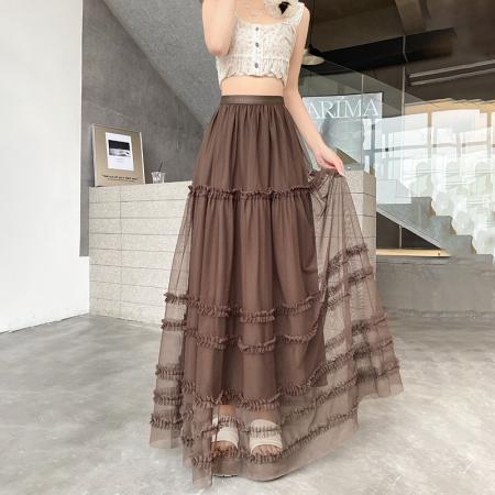 BY11186# 层次网纱木耳边拼接半身裙女款春夏新款韩系减龄设计感蛋糕裙 服裝批發女裝批發服飾貨源