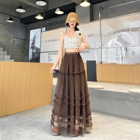 BY11186# 层次网纱木耳边拼接半身裙女款春夏新款韩系减龄设计感蛋糕裙 服裝批發女裝批發服飾貨源