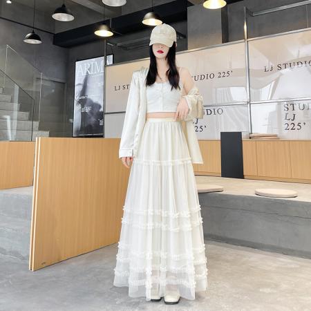 BY11186# 层次网纱木耳边拼接半身裙女款春夏新款韩系减龄设计感蛋糕裙 服裝批發女裝批發服飾貨源