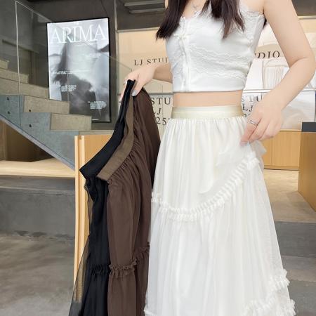 BY11186# 层次网纱木耳边拼接半身裙女款春夏新款韩系减龄设计感蛋糕裙 服裝批發女裝批發服飾貨源