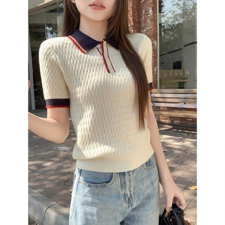 BY11190# 韩版撞色拼接polo领短袖针织衫女春夏新款慵懒风休闲百搭上衣 服裝批發女裝批發服飾貨源