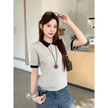 BY11190# 韩版撞色拼接polo领短袖针织衫女春夏新款慵懒风休闲百搭上衣 服裝批發女裝批發服飾貨源
