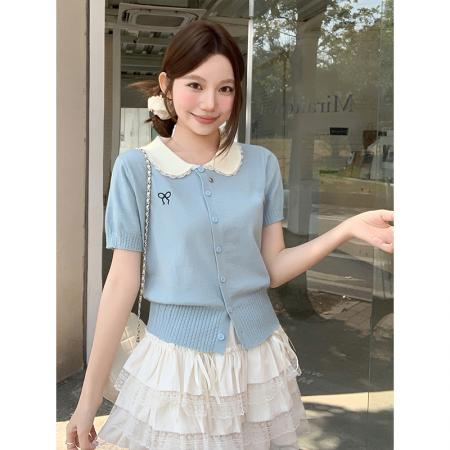 BY11191# 韩系蕾丝拼接娃娃领短袖针织衫女春夏季新款洋气减龄百搭开衫上衣 服裝批發女裝批發服飾貨源