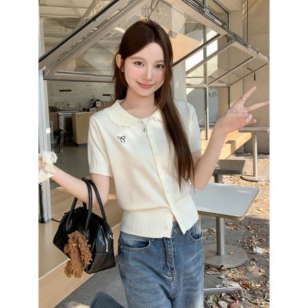 BY11191# 韩系蕾丝拼接娃娃领短袖针织衫女春夏季新款洋气减龄百搭开衫上衣 服裝批發女裝批發服飾貨源