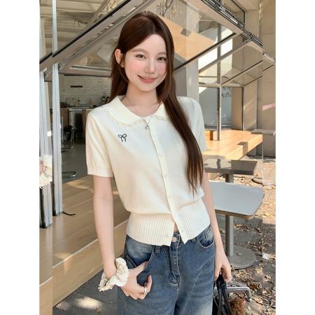 BY11191# 韩系蕾丝拼接娃娃领短袖针织衫女春夏季新款洋气减龄百搭开衫上衣 服裝批發女裝批發服飾貨源