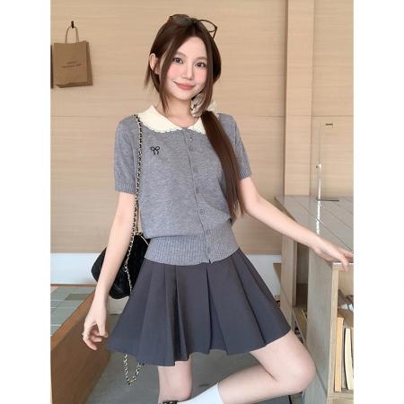 BY11191# 韩系蕾丝拼接娃娃领短袖针织衫女春夏季新款洋气减龄百搭开衫上衣 服裝批發女裝批發服飾貨源