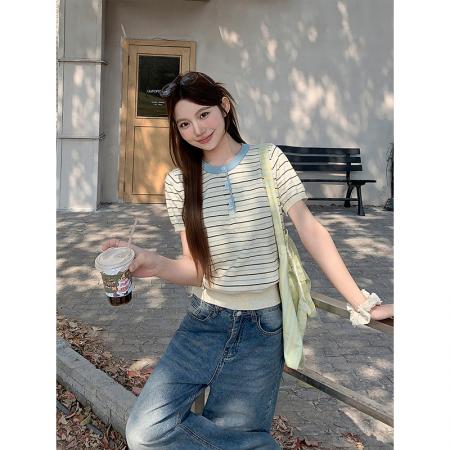 BY11192# 三粒扣圆领短袖针织衫女春夏季新款韩系撞色条纹慵懒百搭上衣 服裝批發女裝批發服飾貨源
