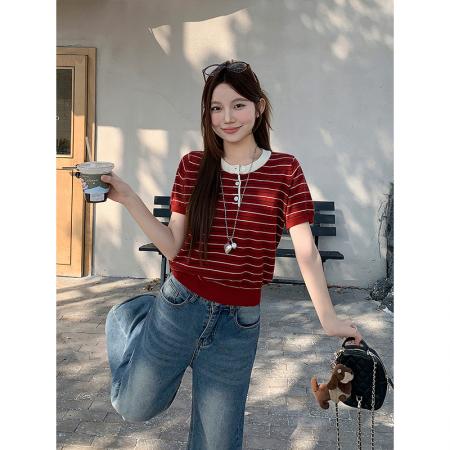 BY11192# 三粒扣圆领短袖针织衫女春夏季新款韩系撞色条纹慵懒百搭上衣 服裝批發女裝批發服飾貨源