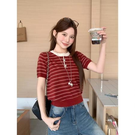 BY11192# 三粒扣圆领短袖针织衫女春夏季新款韩系撞色条纹慵懒百搭上衣 服裝批發女裝批發服飾貨源
