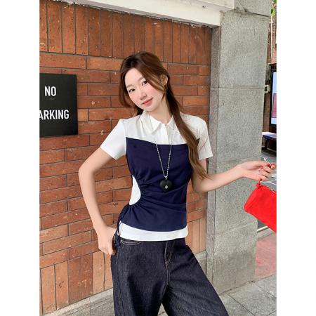 BY11194# 韩系翻领正肩短袖T恤女夏季新款抽绳收腰显瘦衫时尚气质上衣 服裝批發女裝批發服飾貨源