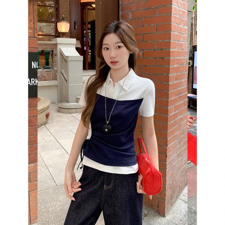 BY11194# 韩系翻领正肩短袖T恤女夏季新款抽绳收腰显瘦衫时尚气质上衣 服裝批發女裝批發服飾貨源