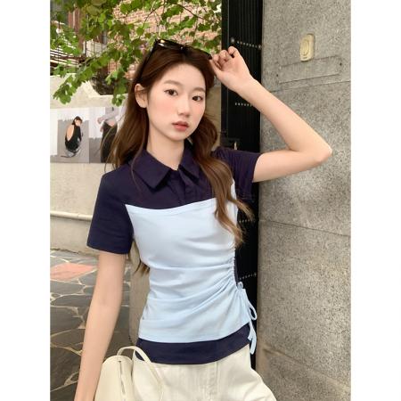 BY11194# 韩系翻领正肩短袖T恤女夏季新款抽绳收腰显瘦衫时尚气质上衣 服裝批發女裝批發服飾貨源