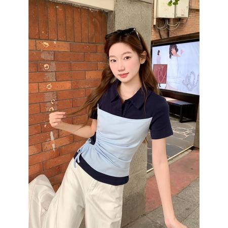 BY11194# 韩系翻领正肩短袖T恤女夏季新款抽绳收腰显瘦衫时尚气质上衣 服裝批發女裝批發服飾貨源
