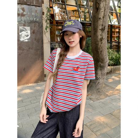 BY11195# 卡通刺绣条纹撞色圆领正肩短袖t恤女新款宽松休闲减龄小上衣 服裝批發女裝批發服飾貨源