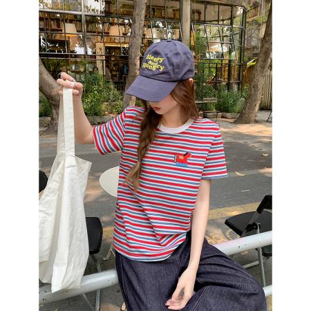 BY11195# 卡通刺绣条纹撞色圆领正肩短袖t恤女新款宽松休闲减龄小上衣 服裝批發女裝批發服飾貨源
