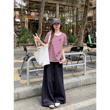 BY11195# 卡通刺绣条纹撞色圆领正肩短袖t恤女新款宽松休闲减龄小上衣 服裝批發女裝批發服飾貨源